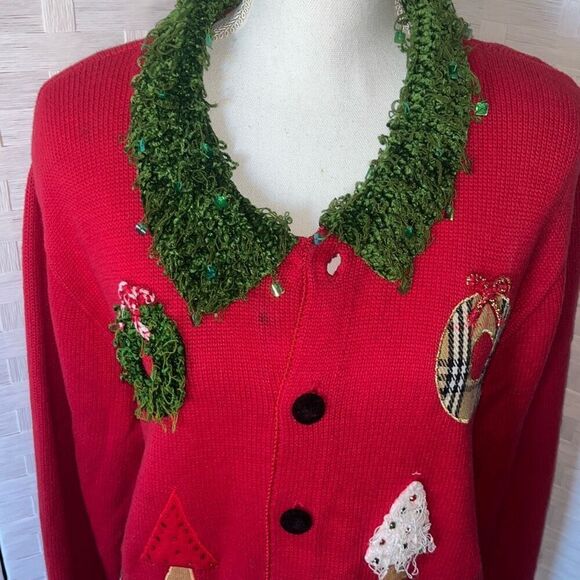 Vintage Berek 2 Red Christmas Sweater Takako Sakon Button Front Size Large - Picture 2 of 16